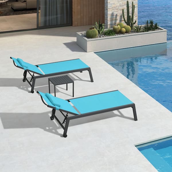 PURPLE LEAF Oversize Black Frame Lounge of 3-Pieces Aluminum Outdoor Chaise Lounge with Cushion and Armrests, Blue