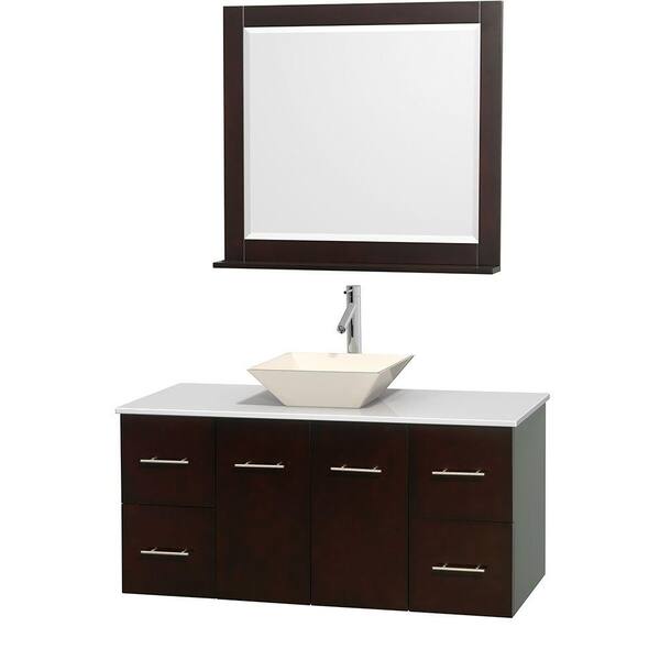 Wyndham Collection Centra 48 in. Vanity in Espresso with Solid-Surface Vanity Top in White, Bone Porcelain Sink and 36 in. Mirror