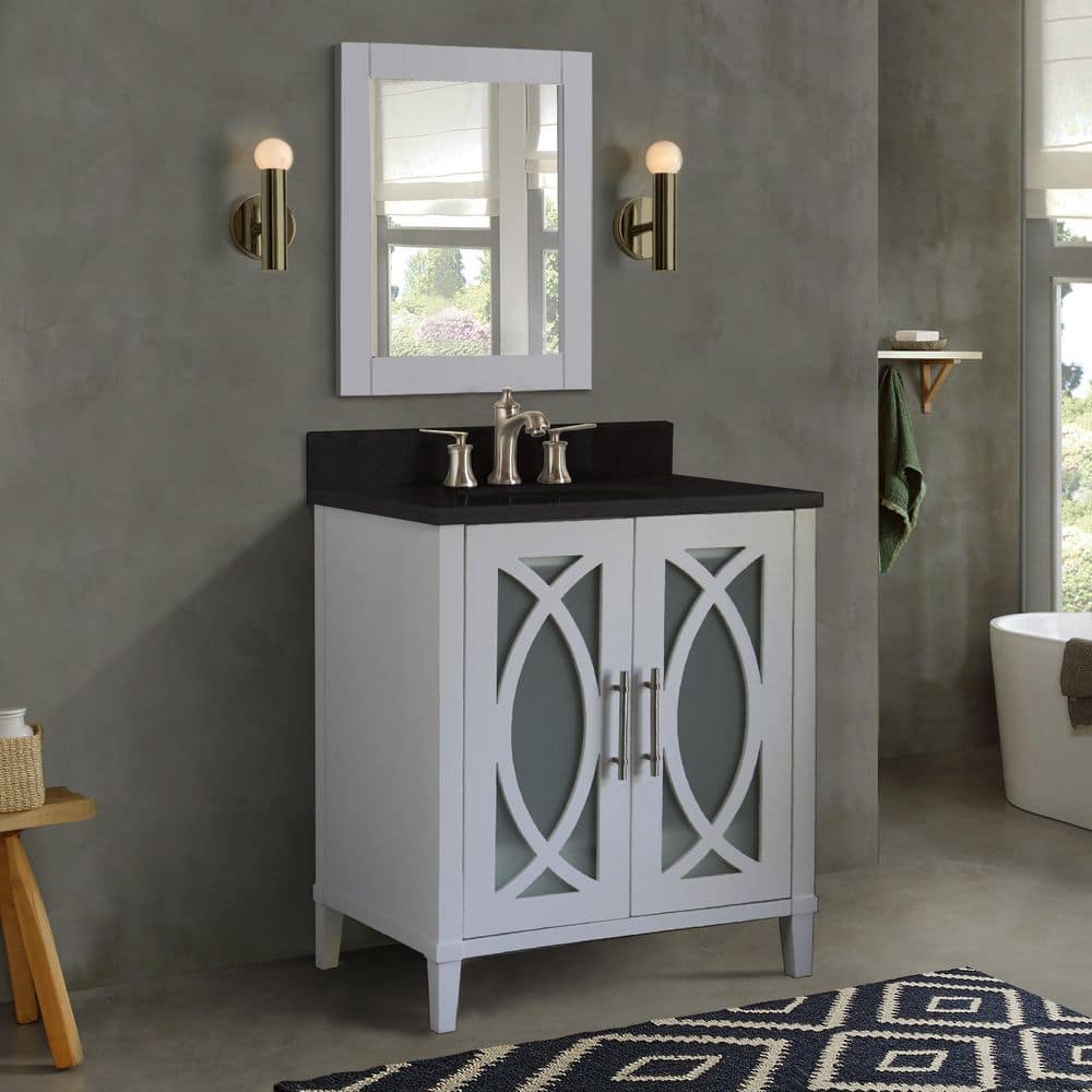 White Freestanding Single Vanity with Black Granite Top
