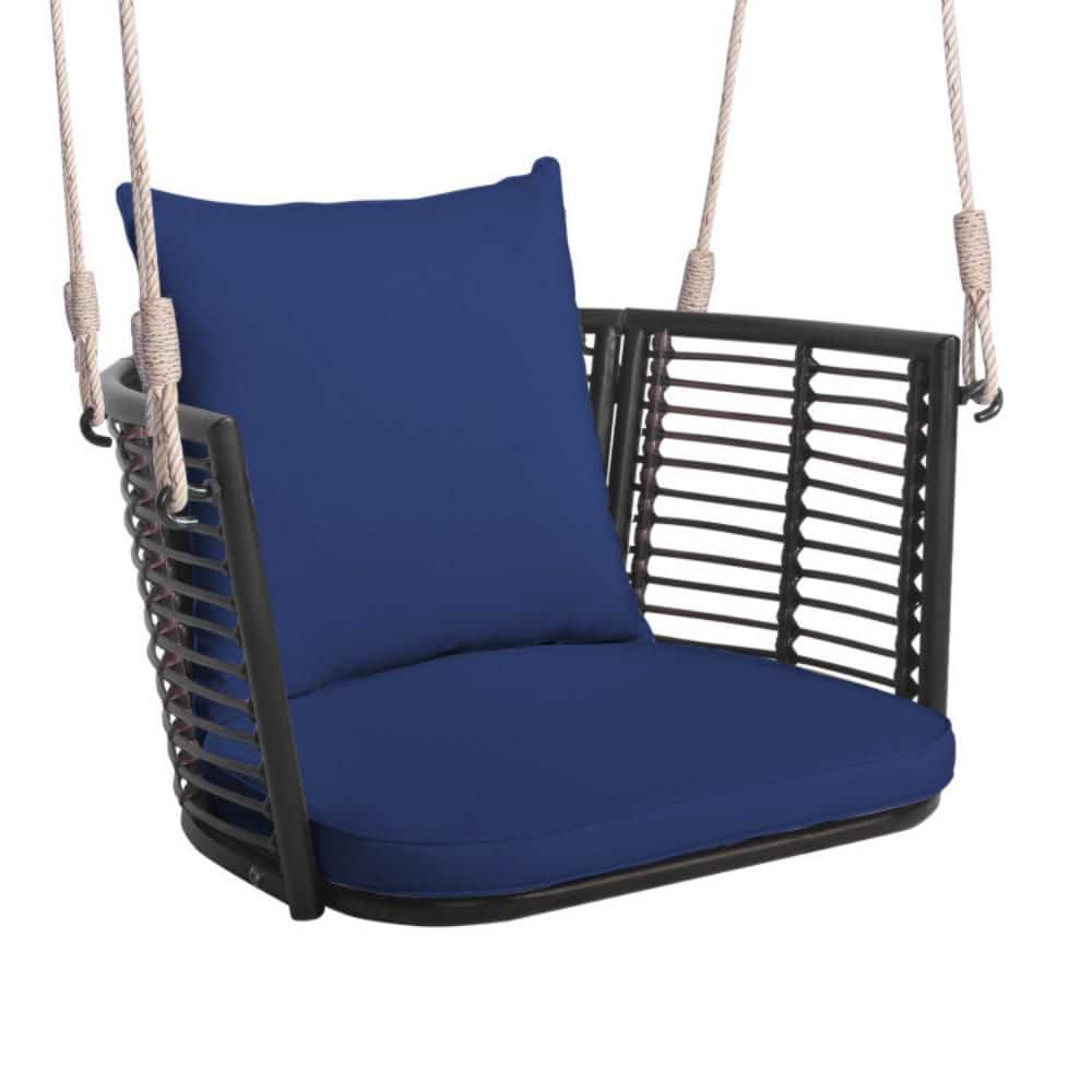 Mix Brown Rattan Hanging Chair with Blue Cushions