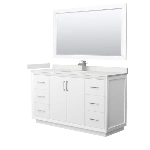 Wyndham Collection Strada 60 in. W x 22 in. D x 35 in. H Single Bath Vanity in White with White Quartz Top and 58 in. Mirror