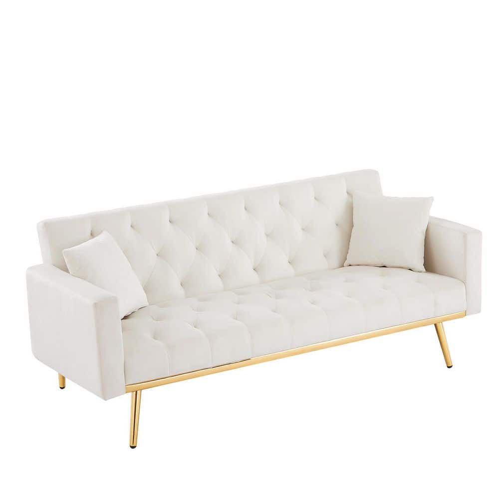 ZIRUWU 73.2 in.W Square Arm Velvet Straight Convertible Sofa in White, Folding Futon Sofa Bed, Sleeper Sofa Couch -  HYT-SFW58842655