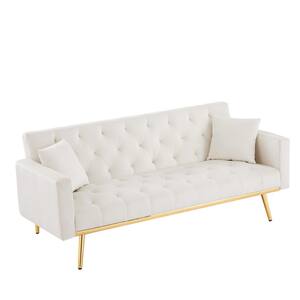 73.2 in.W Square Arm Velvet Straight Convertible Sofa in White, Folding Futon Sofa Bed, Sleeper Sofa Couch