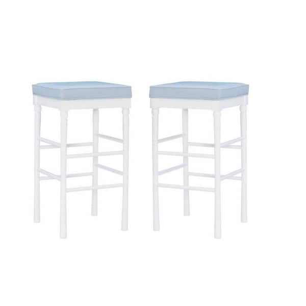 Benjara 28in. White and Blue Backless Wooden Frame Bar Stool with Faux Leather Seat