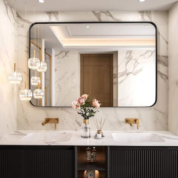 HOMEIBRO 48 in. W x 32 in. H Tempered Glass Rectangular Framed Wall-Mounted Bathroom Vanity Mirror in Black