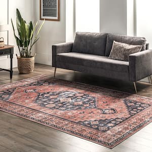 Medallion Bordered Machine Washable Rust Doormat 3 ft. x 5 ft. Accent Rug Area Rug