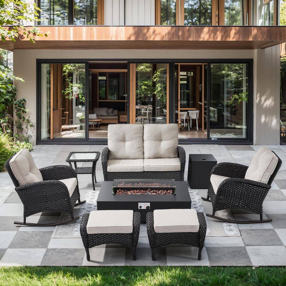 Black 7-Piece Wicker Patio Fire Pit Set, Loveseat Glider Seating Set with Olefin Beige Cushions and Rocking chairs price history on PriceWatchPro