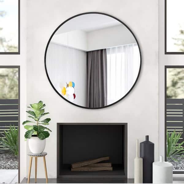 28 in. W x 28 in. H Round Slim Frame Aluminum Alloy Wall Mounted Bathroom Vanity Mirror in Black