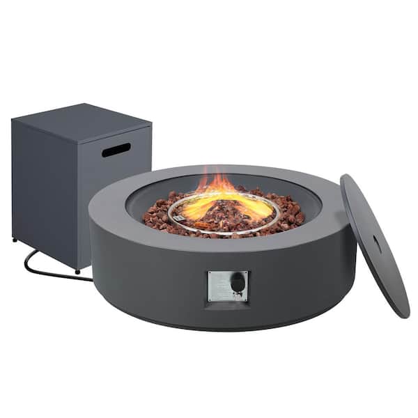 UPHA 42 in. 50,000 BTU Dark Gray Round Iron Outdoor Propane Gas Fire Pit Table with Propane Tank Cover