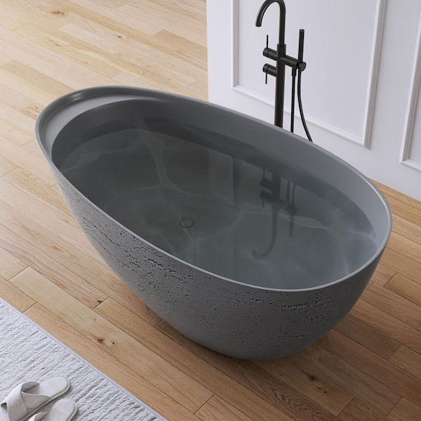 59 in. x 31 in. Engineered Stone Flatbottom Freestanding Soaking Bathtub with Travertine Texture in Gray