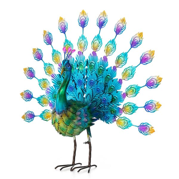 Glitzhome 28.75 in. W Metal Peacock Tail Spread Garden Statue with Stakes