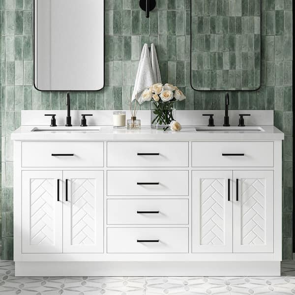 Herringbone 66 in. Double Sink Freestanding Bath Vanity in White with and Pure Quartz Top