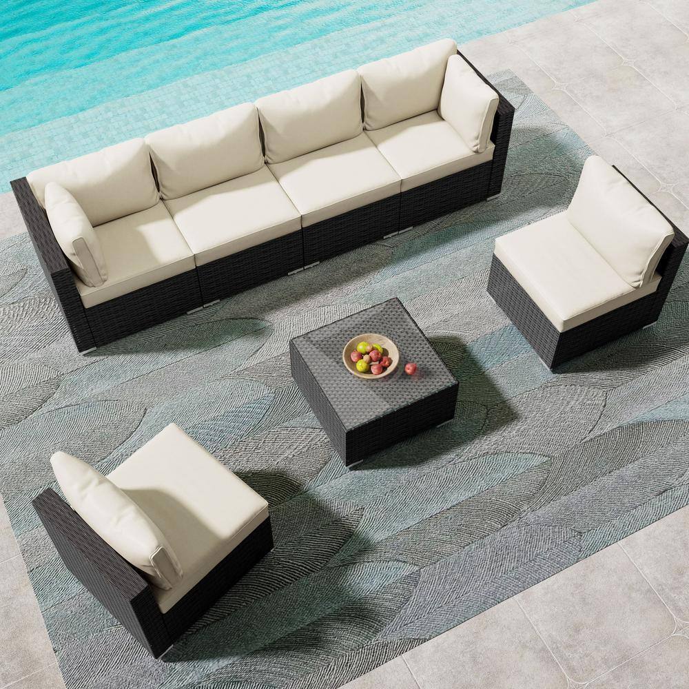Beige Cushioned 7-Piece Black Wicker Outdoor Sectional Set