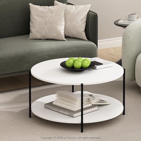 Furinno Besi 32.4 in. White/Black Round Wood Coffee Table With Metal Leg
