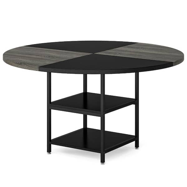 BYBLIGHT Roesler Gray and Black Wood 47 in. 4 Legs Round Dining Table with Storage Shelves Kitchen Dining Table Seats 4