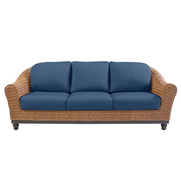 Home Decorators Collection Camden Light Brown Seagrass Wicker Outdoor Patio Sofa with CushionGuard Sky Blue Cushions
