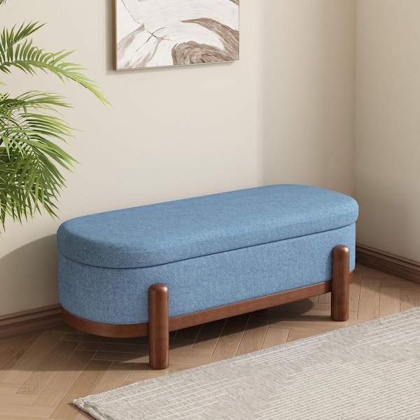 CHRISTOPHER KNIGHT HOME Baldwin Modern Blue Fabric Upholstered Oval Accent Ottoman Storage Bench, Brown Wood Legs