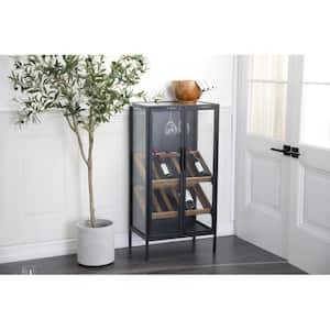 10- Bottle Black Standing Wine Rack with Wine Glass Holders and Wood Accents