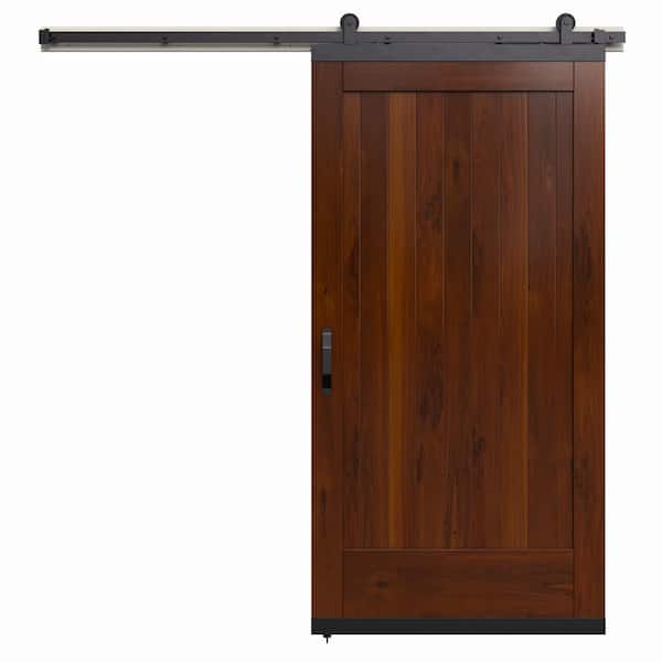 JELD-WEN 36 in. x 80 in. Karona 1 Panel Chestnut Stained Rustic Walnut Wood Sliding Barn Door with Hardware Kit