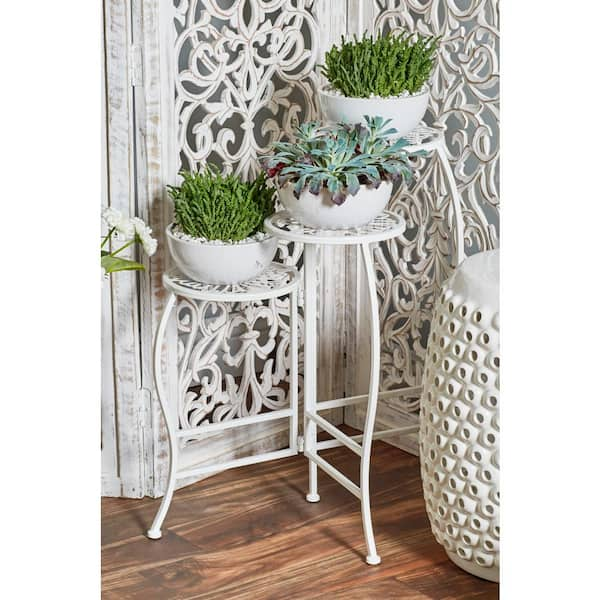 Litton Lane 24 in. White Metal Floral Indoor Outdoor 3-Tier Plantstand