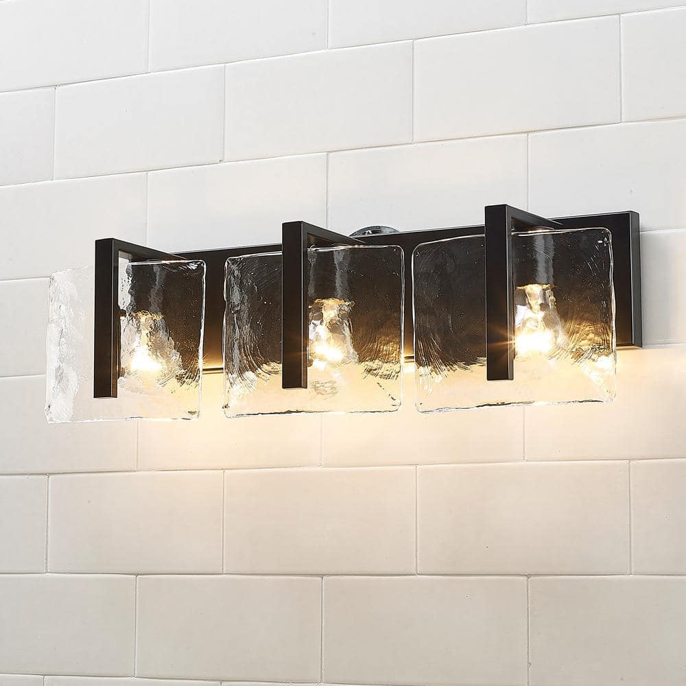 Matte Black 3-Light Vanity with Hammered Water Glass