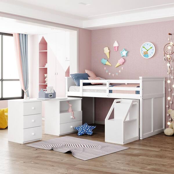 Low Study White Twin Size Wood Loft Bed, Twin Low Loft Bed With Storage And Desk