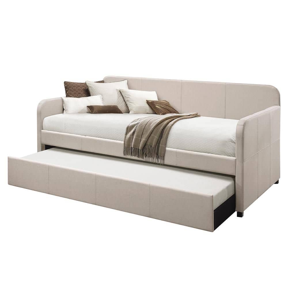 Beige Twin Upholstered Wood Frame Daybed with Trundle