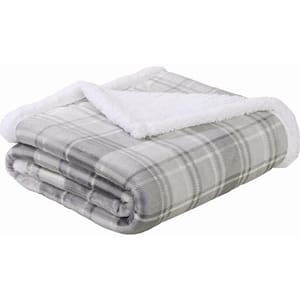 50 in. x 60 in. Grey Plaid Flannel Sherpa Throw Blanket (2-Pack)