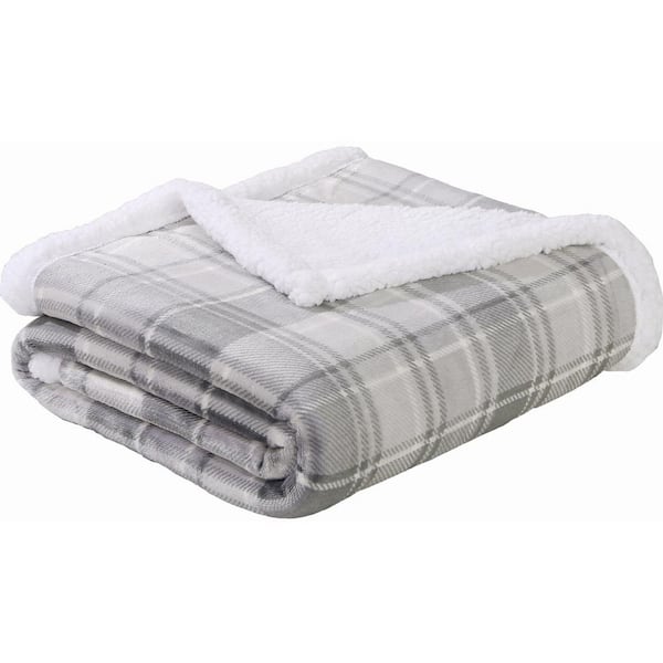 Amucolo 50 in. x 60 in. Grey Plaid Flannel Sherpa Throw Blanket (2-Pack)