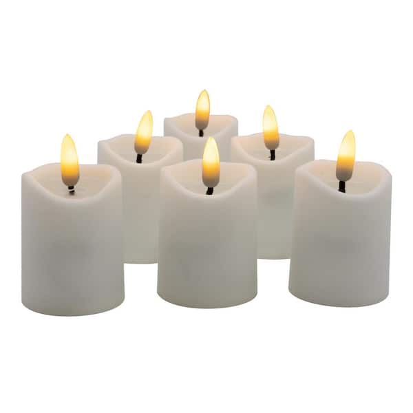 LUMABASE Battery Operated 3D Wick Flame Mini Pillars, White - Set of 6