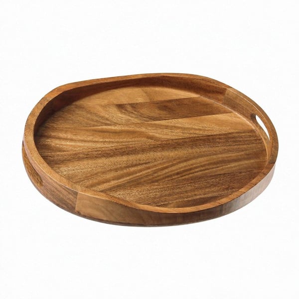 17 in. W x 13 in. D x 2 in. H Round Acacia Wood Serving Tray with Handles for Room Decoration, Coffee Table, Display