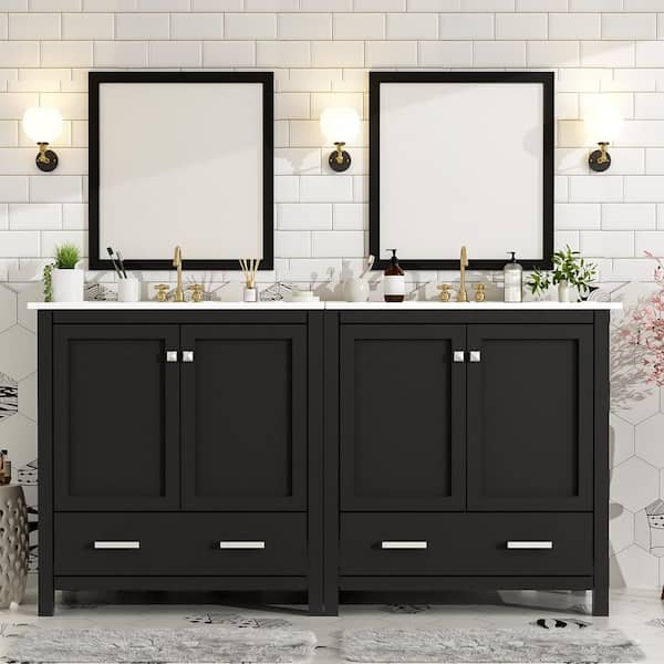 60 in. Double Sink Freestanding Separate Black Bath Vanity Set with White Ceramic Top