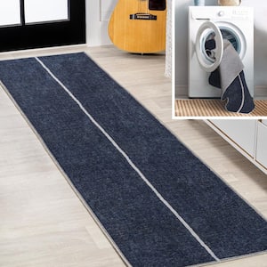 Linja Solid Centre Stripe Machine-Washable Navy/Ivory 2 ft. x 8 ft. Area Rug