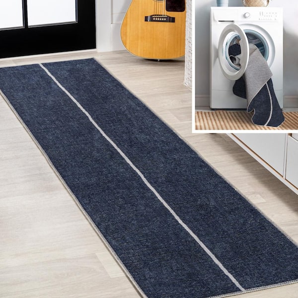 JONATHAN Y Linja Solid Centre Stripe Machine-Washable Navy/Ivory 2 ft. x 8 ft. Area Rug