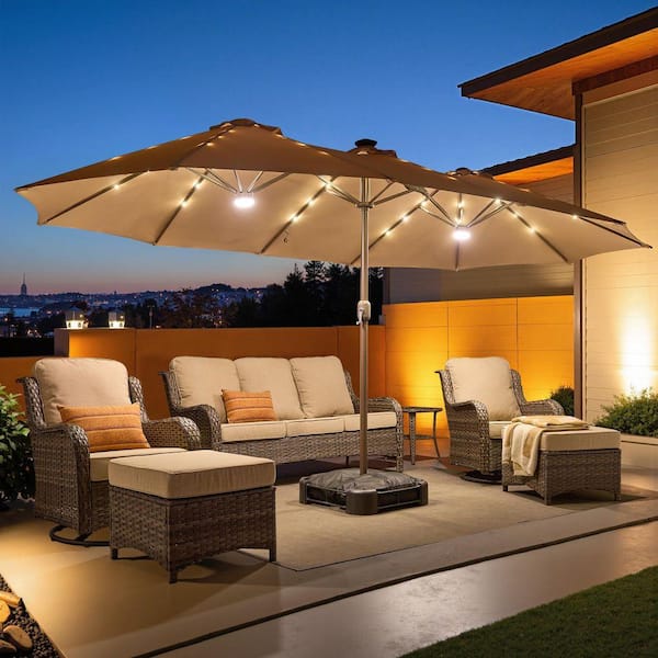 15 ft. x 9 ft. Rectangular Metal Solar LED Double-sided Market Patio Umbrella with Base and Crank in Khaki