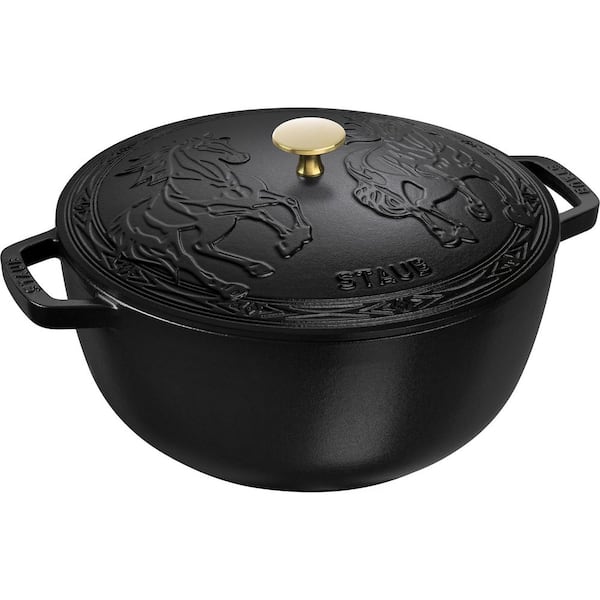 Cast Iron Essential French Oven, Dutch Oven, 5 qt., serves 5-6, Made in France, with Horse Lid - Matte Black
