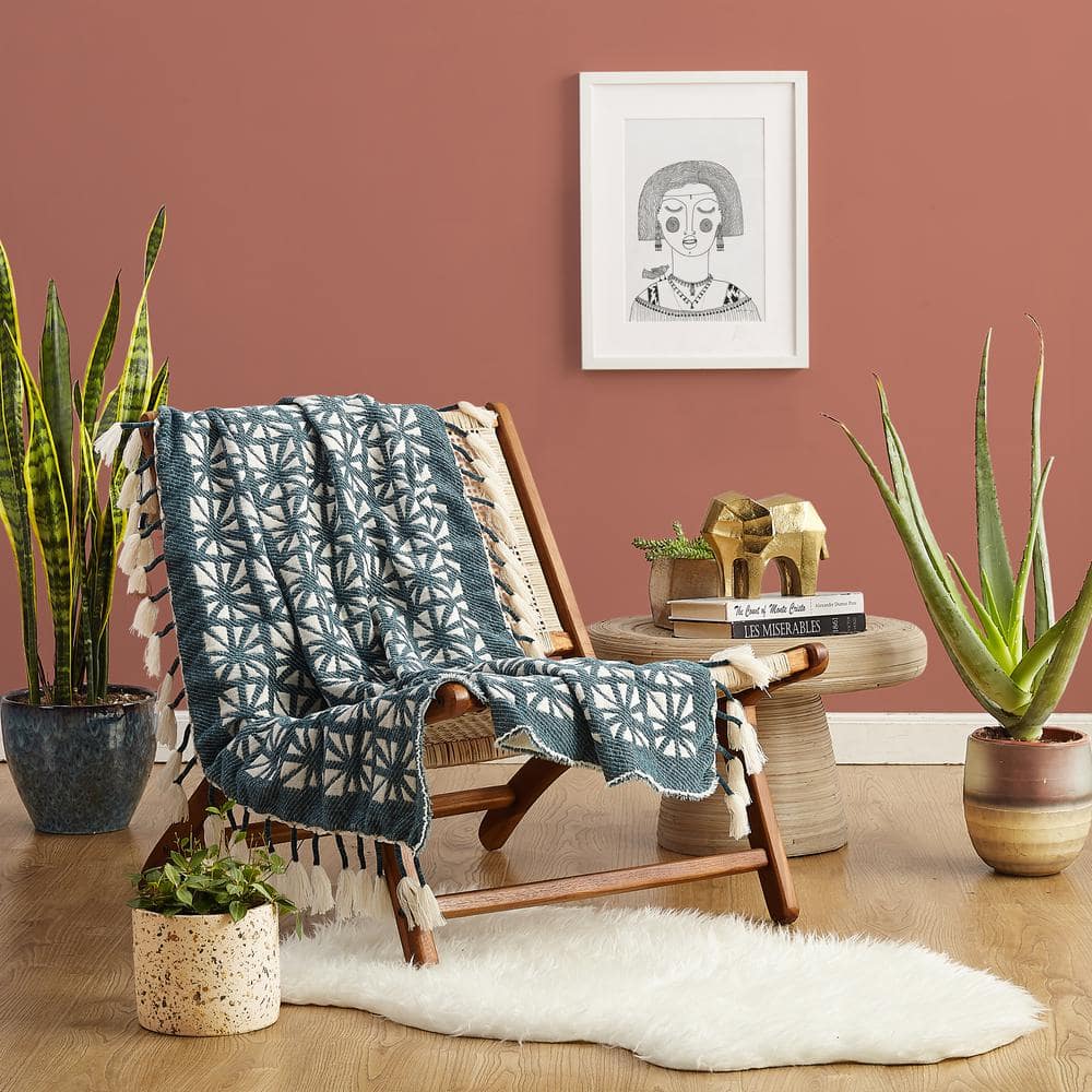 50"x60" Teal Blue Geometric Fringe Bohemian Throw Blanket