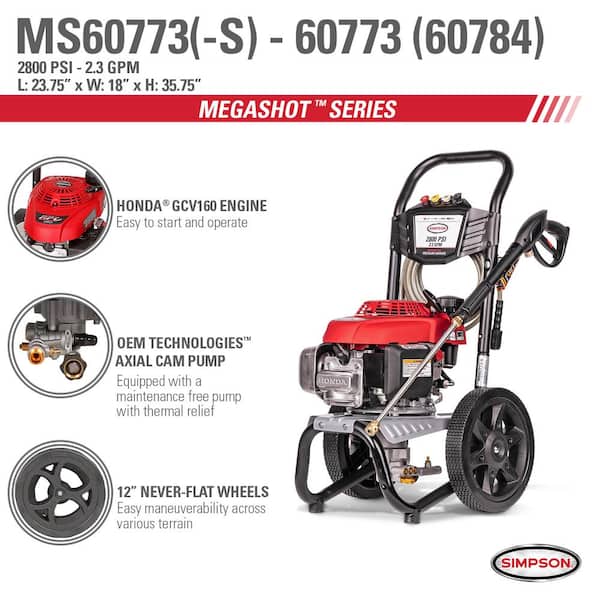 Simpson Megashot Ms60773 S 2800 Psi At 2 3 Gpm Honda Gcv160 Cold Water Pressure Washer Ms60773 S The Home Depot