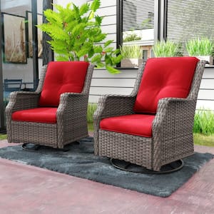 Wicker Patio Outdoor Lounge Chair Swivel Rocking Chair with Red Cushions (2-Pack)