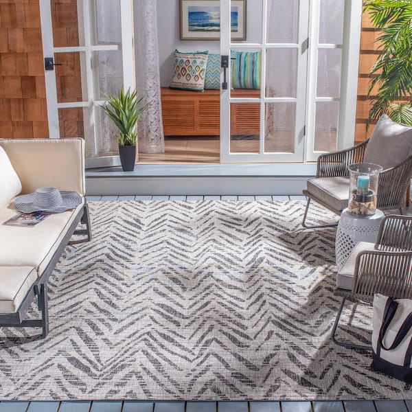Courtyard Gray/Black 9 ft. x 12 ft. Distressed Chevron Indoor/Outdoor Patio  Area Rug