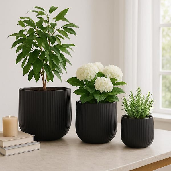 Designer Ribbed Pots Liv & Skye 11 in. 14 in. and 18 in. Black Resin Ribbed Decorative Pots ...
