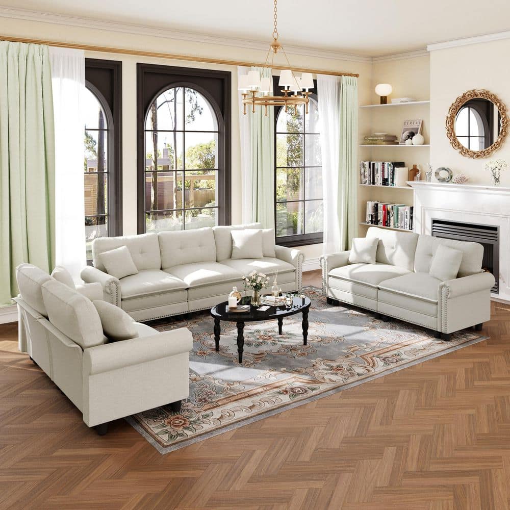 113.8 in. Roll Arm 7-Seat Linen-like Fabric Modular Sectional Sofa in Beige with Throw Pillows