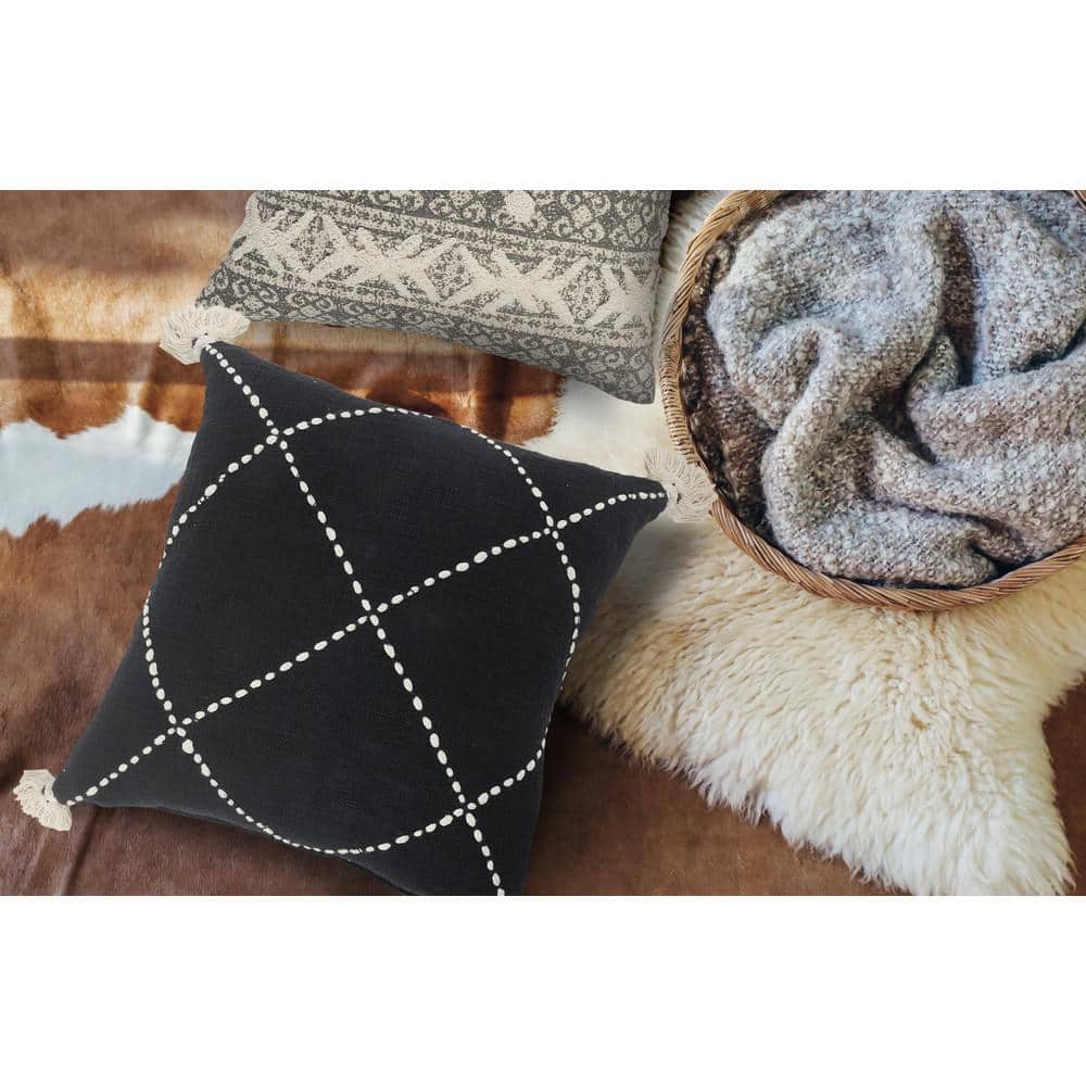 Geometric Black and White Embroidered Tassel Throw Pillow 20x20