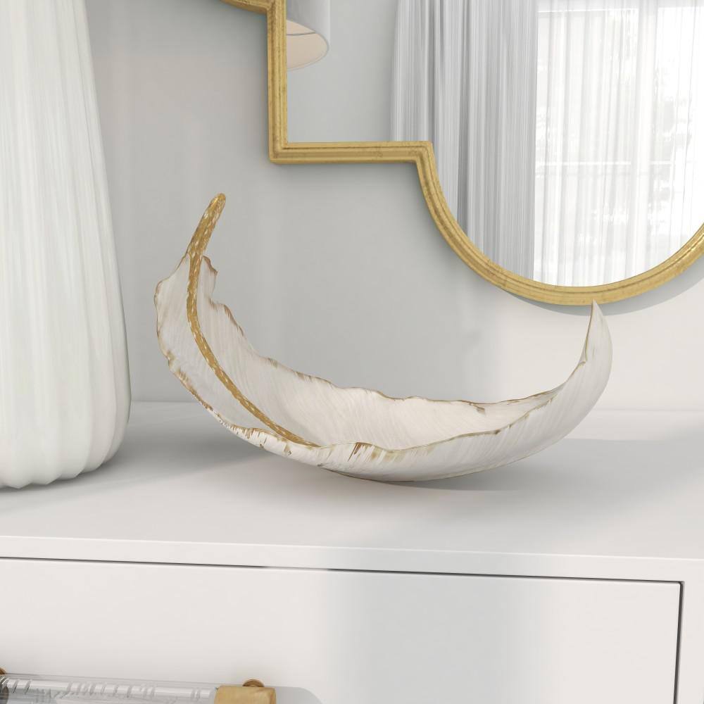 Elegant Oval White and Gold Polystone Feather Decorative Bowl