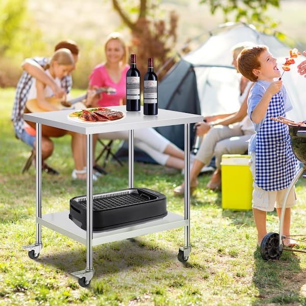 Stainless Steel Work Table 30 x 36 x 38 In. Silver Kitchen Prep Table with 4 Wheels, 3 Adjustable Height Levels