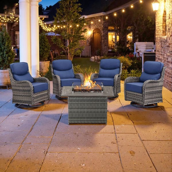 4 Seat 5-Piece Gray Wicker Outdoor Fire Pit Patio Set with Blue Cushions, Swivel Chairs and Square Fire Pit Table