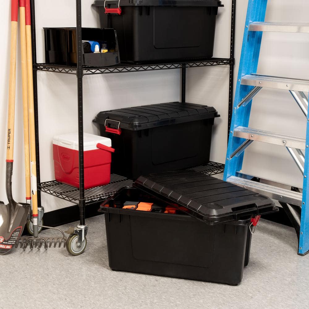 Heavy Duty Black Plastic Stackable Storage Totes with Lids, 82 Quart, Set of 4
