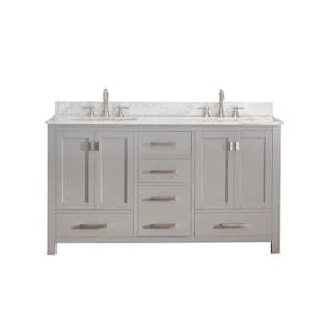 Modero 61 in. W x 22 in. D x 35 in. H Vanity in Chilled Gray with Marble Vanity Top in Carrera White and White Basins