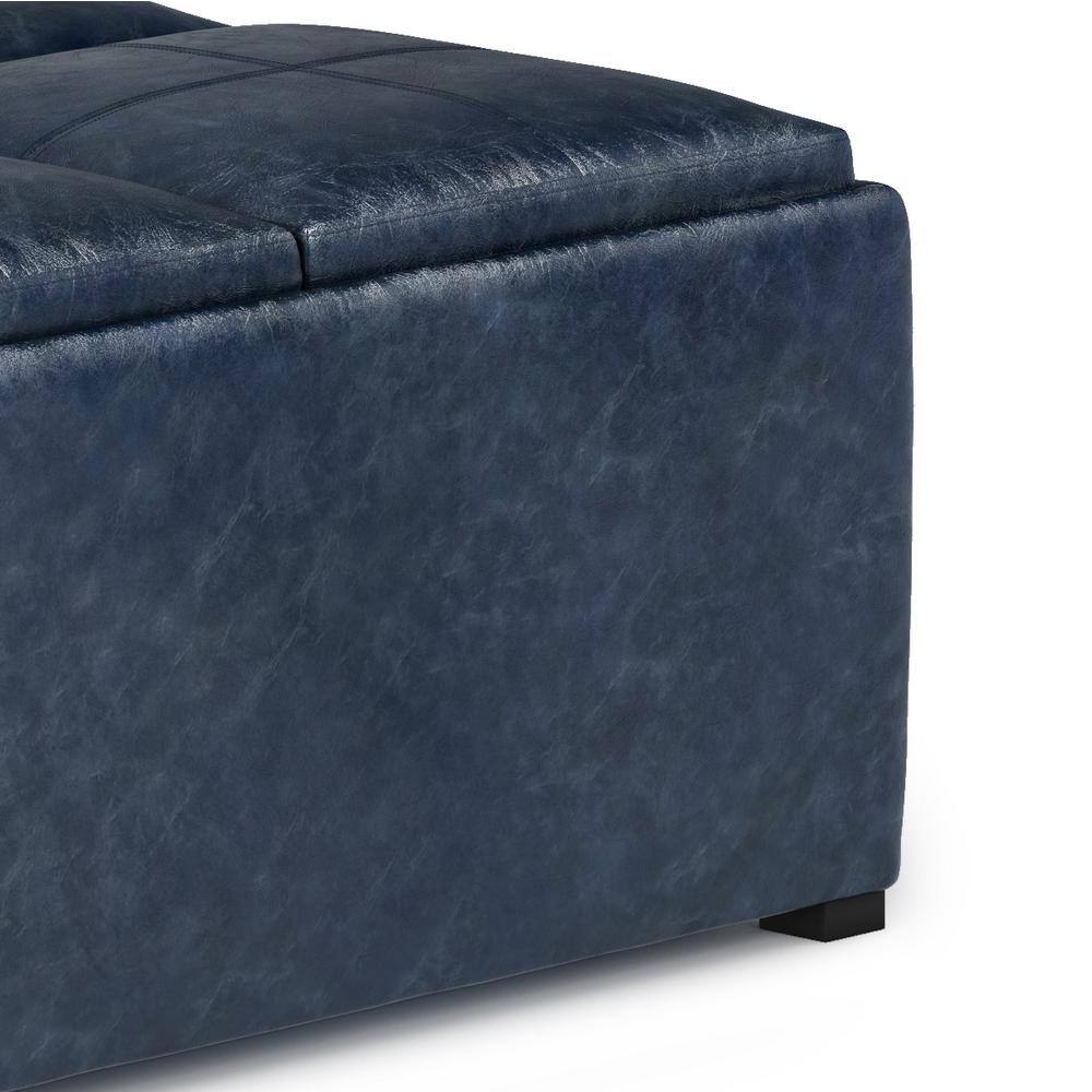 Avalon Denim Blue Square Storage Ottoman with Flip Trays