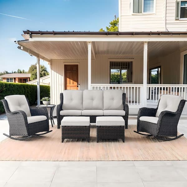 Carlos 6-Piece Brown Wicker Patio Conversation Set 3-Seat Sofa with Rocking Chairs, Side Table and Beige Cushions